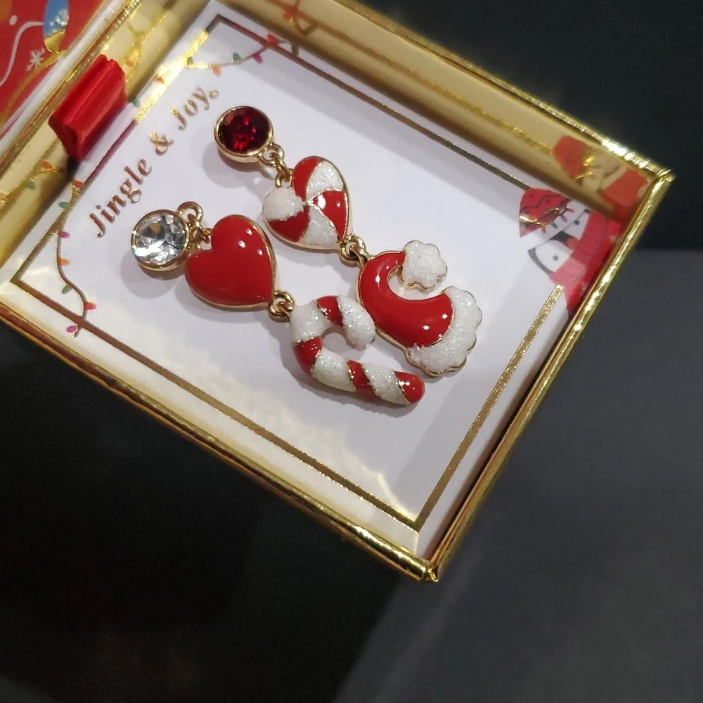 Red white Christmas holiday festive ruby cz topped‎ mismatched dangle earrings